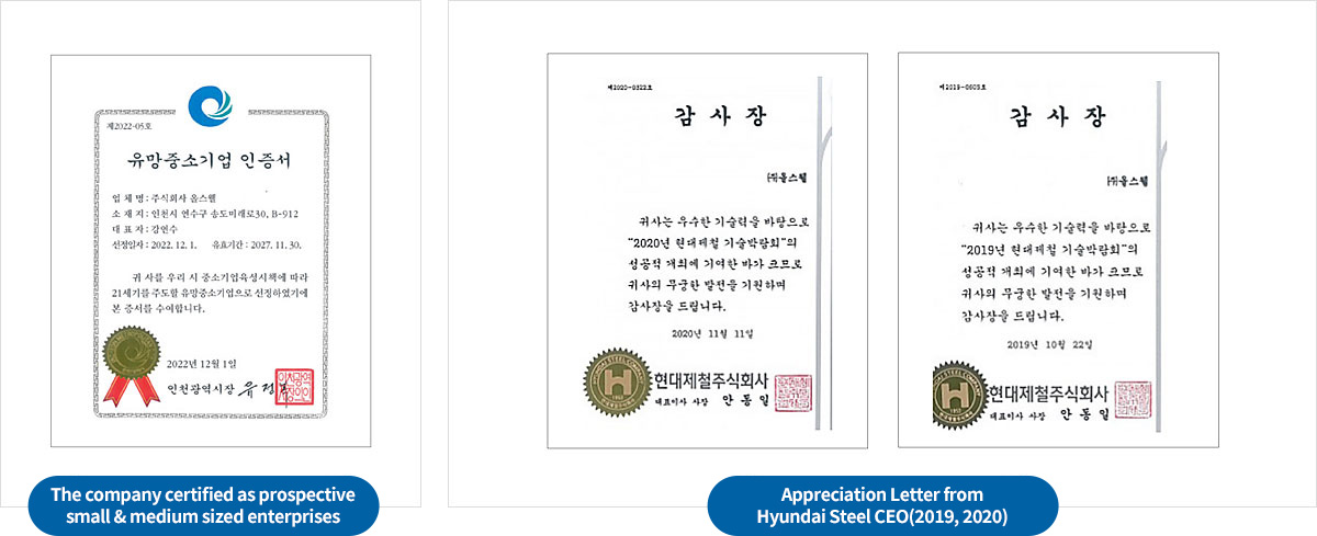 The company certified as prospective small & medium sized enterprises, Appreciation Letter from Hyundai Steel CEO(2019, 2020)